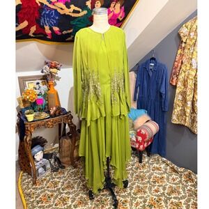 Stunning Charteuse Green 2pc Sequin Dress and Jacket Set Handkerchief Hem - 16